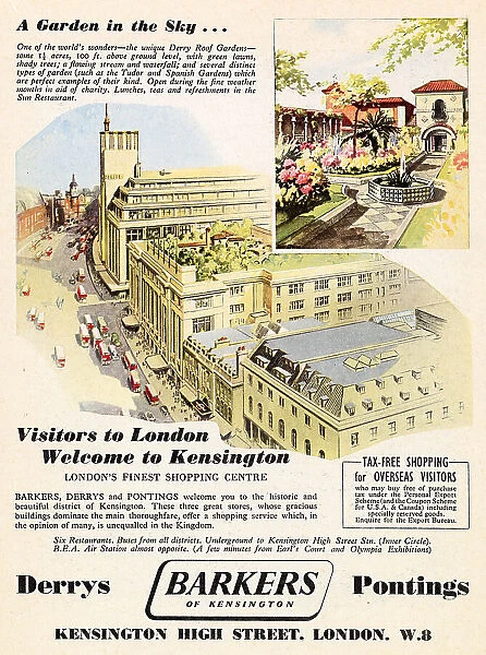An advertisement for Barkers, Derrys & Pontings department store in Kensington, a 'garden in the sky'. Date: 1951