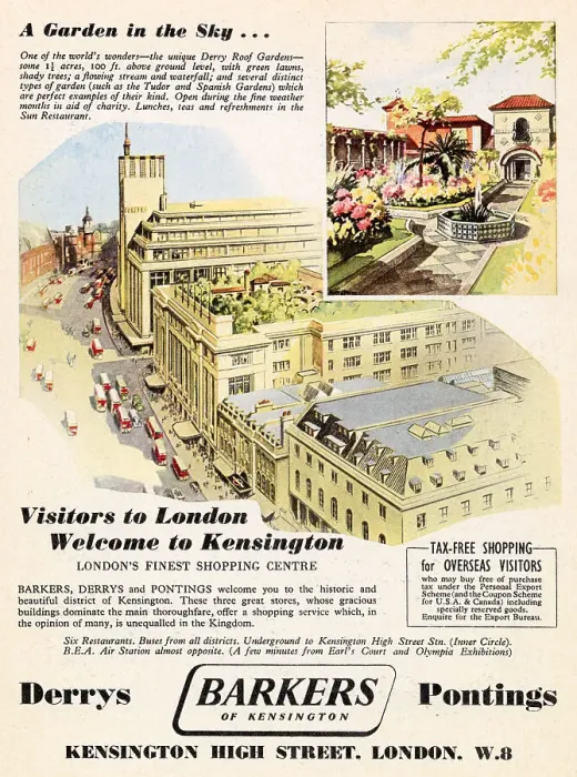 Framed Print : An advertisement for Barkers, Derrys & Pontings department store in Kensington, a garden in the sky'. Date: 1951 Framed Print : An advertisement for Barkers, Derrys & Pontings department store in Kensington, a garden in the sky'. Date: 1951