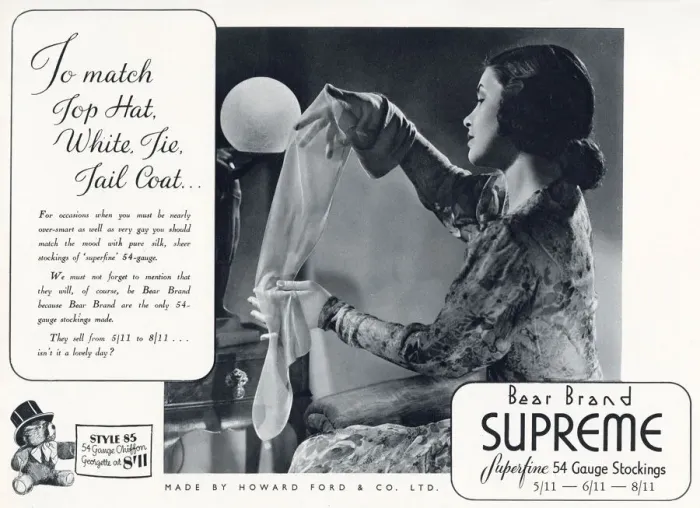 Framed Print : Advertisement for Bear Brand superfine Stockings. Date: 1936 Framed Print : Advertisement for Bear Brand superfine Stockings. Date: 1936