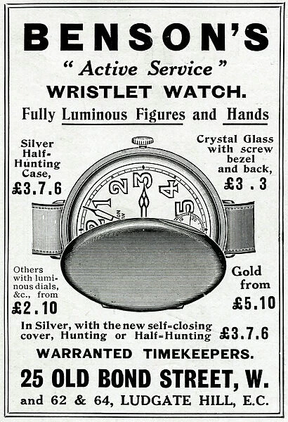 Advert for Bensons luminous wrist watch 1915