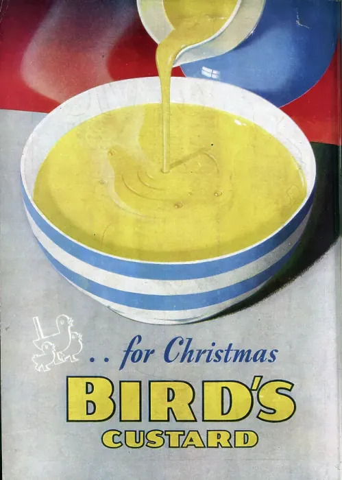 Framed Print : Advert for Bird's Custard, showing a serving suggestion. Date: 1943 Framed Print : Advert for Bird's Custard, showing a serving suggestion. Date: 1943