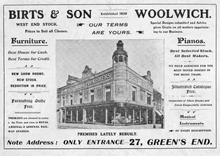 Framed Print : Advertisement for Birts & Son, Woolwich, SE London Framed Print : Advertisement for Birts & Son, Woolwich, SE London