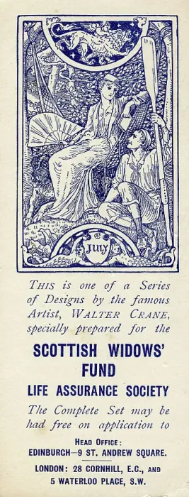 Framed Print : Advertising bookmark, July, designed by Walter Crane Framed Print : Advertising bookmark, July, designed by Walter Crane