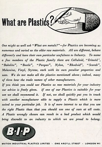 Advert for British Industrial Plastic Limited 1943