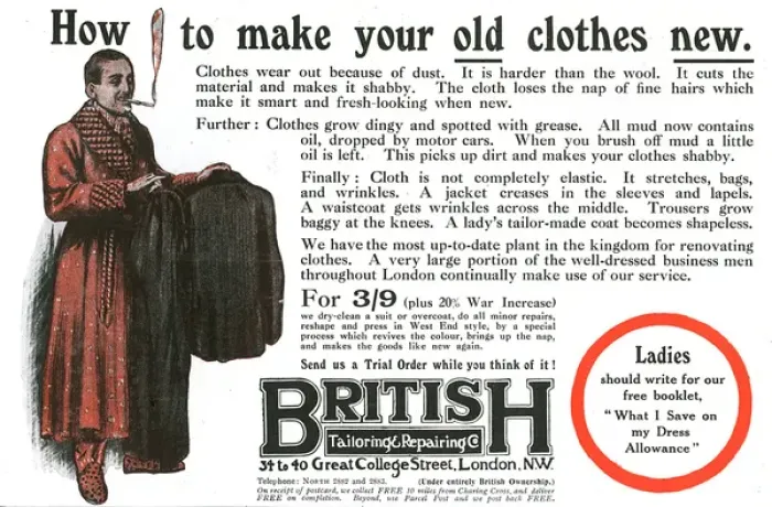 Framed Print : Advertisement for British Tailoring and Repairing, WW1 Framed Print : Advertisement for British Tailoring and Repairing, WW1
