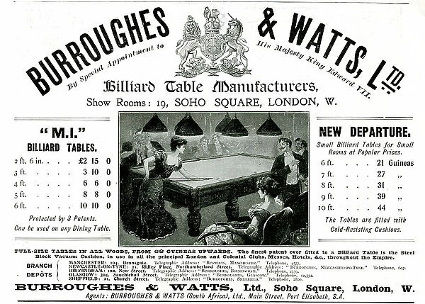 Advert, Burroughes & Watts Billiard Table Manufacturers
