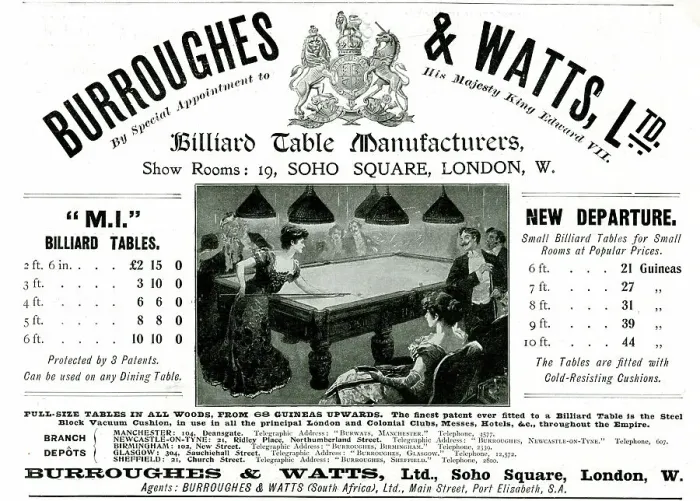 Framed Print : Advert, Burroughes & Watts Billiard Table Manufacturers Framed Print : Advert, Burroughes & Watts Billiard Table Manufacturers
