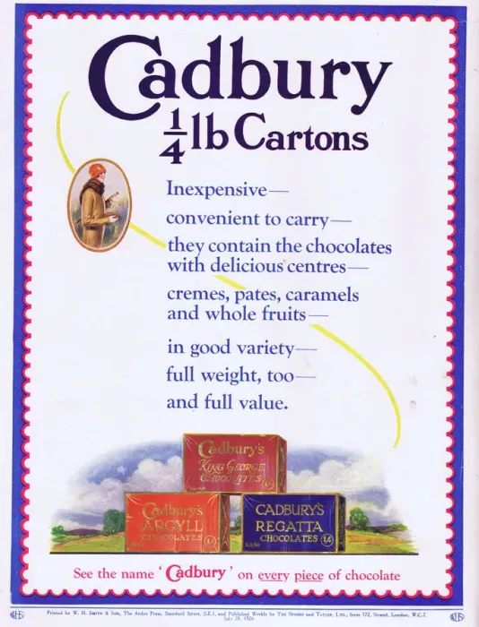 Framed Print : Advert for Cadbury Chocolate Cartons, 1926 Framed Print : Advert for Cadbury Chocolate Cartons, 1926