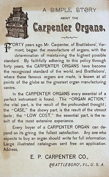 Advert, Carpenter Organs, Brattleboro, Vermont, USA
