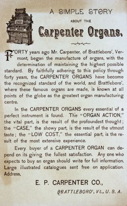 Framed Print : Advert, Carpenter Organs, Brattleboro, Vermont, USA Framed Print : Advert, Carpenter Organs, Brattleboro, Vermont, USA