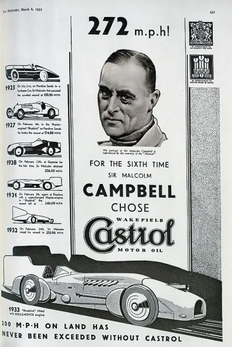 Framed Print : Advertisement for Castrol motor oil. Showing Sir Malcolm Campbell (1885-1948), his record breaking Bluebird'car, and details of all six of his land speed records Framed Print : Advertisement for Castrol motor oil. Showing Sir Malcolm Campbell (1885-1948), his record breaking Bluebird'car, and details of all six of his land speed records