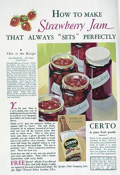 Advert for Certo pure fruit pectin, featuring a recipe for strawberry jam. Date: 1932