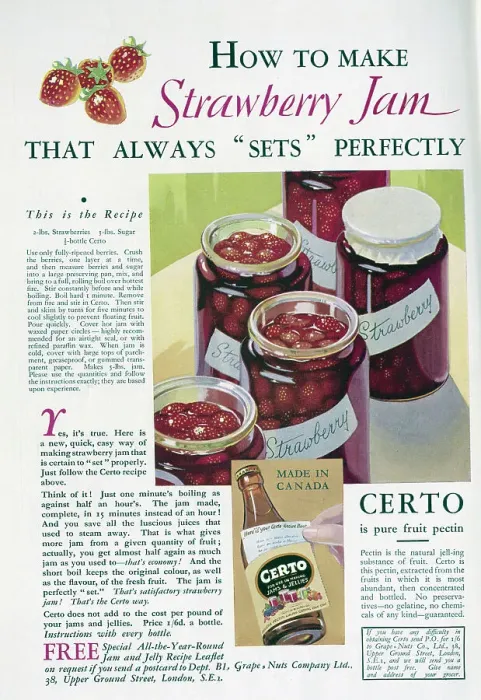 Framed Print : Advert for Certo pure fruit pectin, featuring a recipe for strawberry jam. Date: 1932 Framed Print : Advert for Certo pure fruit pectin, featuring a recipe for strawberry jam. Date: 1932