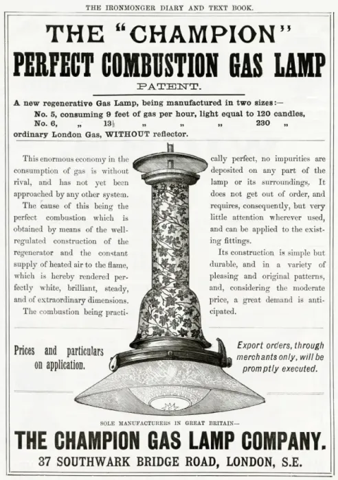 Framed Print : Advert for Champion combustion gas lamp 1889 Framed Print : Advert for Champion combustion gas lamp 1889