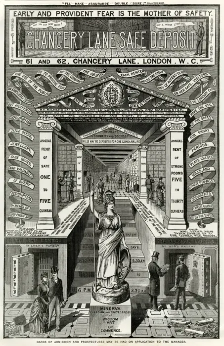 Framed Print : Advert for Chancery Lane safe deposit 1886