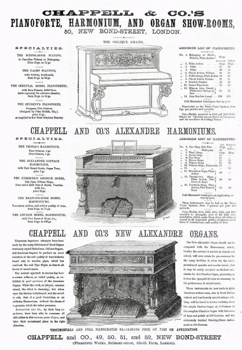 Framed Print : Advert for Chappell & Co.s musical instruments 1875 Framed Print : Advert for Chappell & Co.s musical instruments 1875