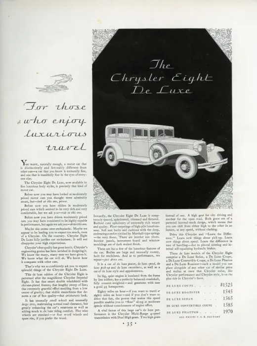 Framed Print : Advert, Chrysler Eight De Luxe car Framed Print : Advert, Chrysler Eight De Luxe car
