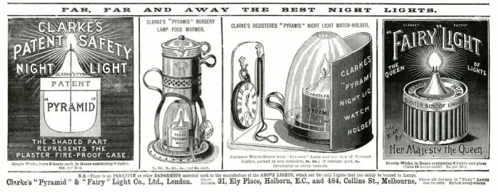 Framed Print : Advert for Clarkes patent safety night light 1892 Framed Print : Advert for Clarkes patent safety night light 1892