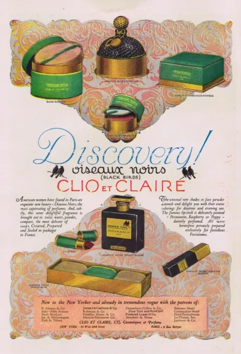 Framed Print : Advert for Clio and Claires Oiseaux Noirs perfume and tiole Framed Print : Advert for Clio and Claires Oiseaux Noirs perfume and tiole