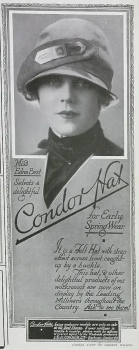 Framed Print : Advertisement for Condor Hats. Showing Mrs Edna Best modelling a hat. With description, It is a felt hat with strap effect across the front, caught up by a buckle'. Edna Clare Best, actress (1900-1974). Date: 1925 Framed Print : Advertisement for Condor Hats. Showing Mrs Edna Best modelling a hat. With description, It is a felt hat with strap effect across the front, caught up by a buckle'. Edna Clare Best, actress (1900-1974). Date: 1925