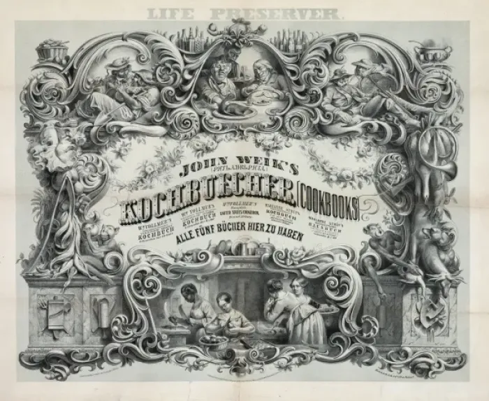 Framed Print : Advertisement for cookbooks published by John Weik, showing Framed Print : Advertisement for cookbooks published by John Weik, showing