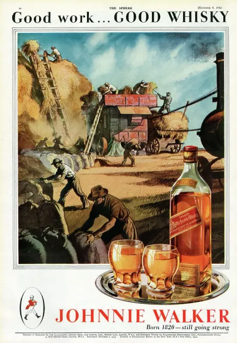 Framed Print : Advertisement on the back cover of The Sphere for Johnnie Walker scotch whisky showing a haymaking scene. Date: 1943 Framed Print : Advertisement on the back cover of The Sphere for Johnnie Walker scotch whisky showing a haymaking scene. Date: 1943
