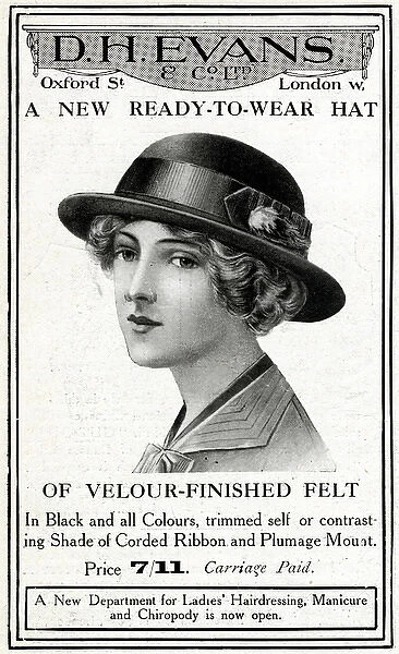 Advert for D. H Evans ready-to-wear felt hat 1914