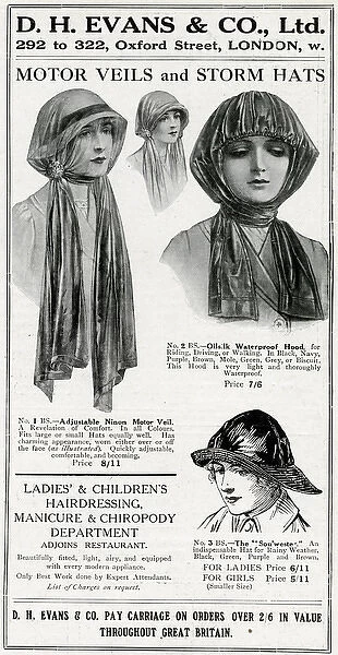 Advert for D. H Evans womens motor veils 1915