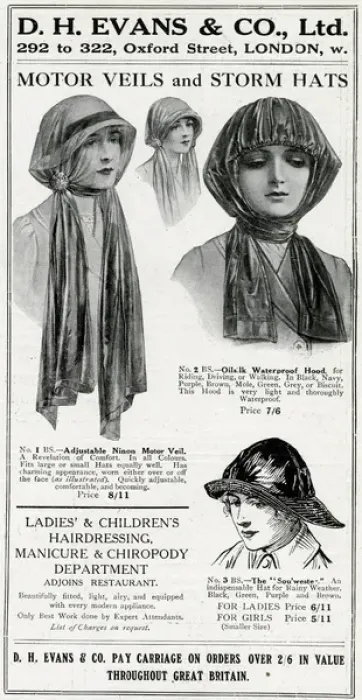Framed Print : Advert for D. H Evans womens motor veils 1915 Framed Print : Advert for D. H Evans womens motor veils 1915