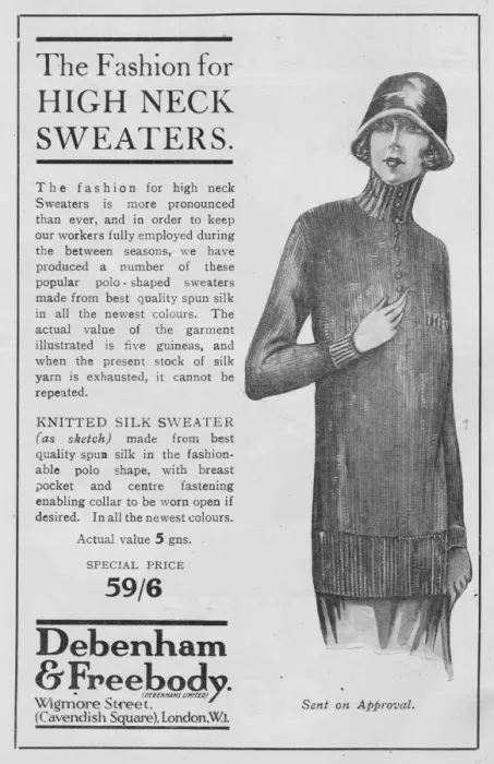 Framed Print : Advert for Debenham & Freebody high neck sweaters, 1924 Framed Print : Advert for Debenham & Freebody high neck sweaters, 1924