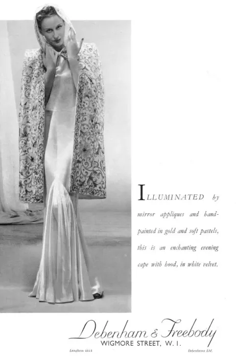 Framed Print : Advert for Debenham & Freebody, London featuring an evening cape Date: 1938 Framed Print : Advert for Debenham & Freebody, London featuring an evening cape Date: 1938