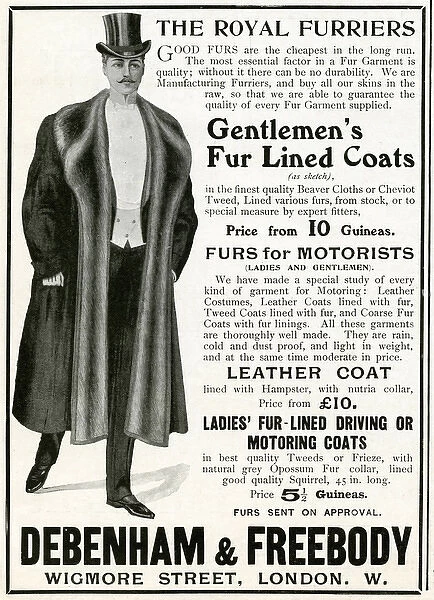 Advert for Debenham & Freebody mens fur lined coats 1905
