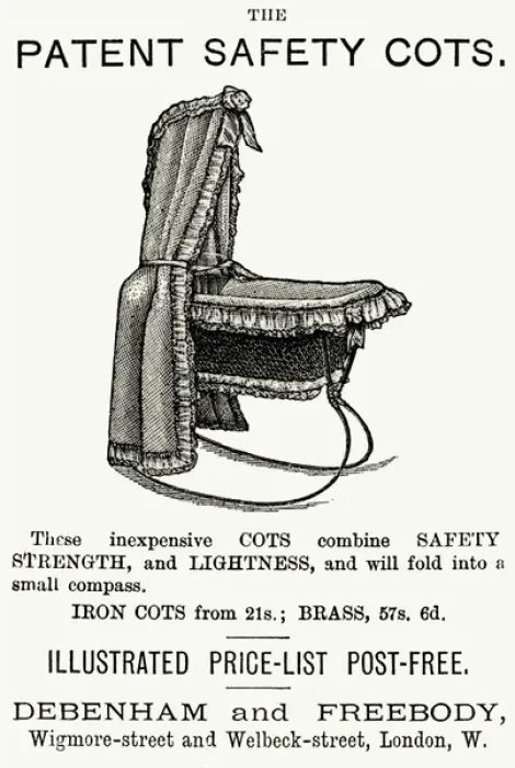 Framed Print : Advert for Debenham & Freebody safety cots 1883 Framed Print : Advert for Debenham & Freebody safety cots 1883