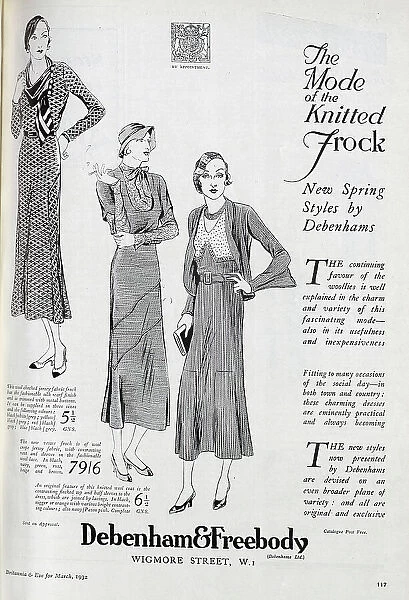 Advert for Debenham & Freebody, showcasing their new styles of knitted frock for the spring. Date: 1932