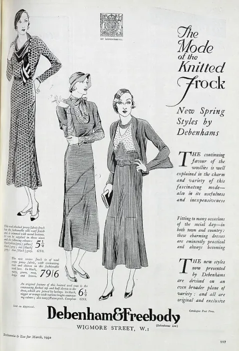 Framed Print : Advert for Debenham & Freebody, showcasing their new styles of knitted frock for the spring. Date: 1932 Framed Print : Advert for Debenham & Freebody, showcasing their new styles of knitted frock for the spring. Date: 1932