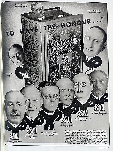 Advertisment for Debrett's Peerage. With a photograph of the book, and photomontage with illustrations, of titled men of note. Designed by Zec. With captions of the men illustrated, Major Isidore Salmon-a Knight