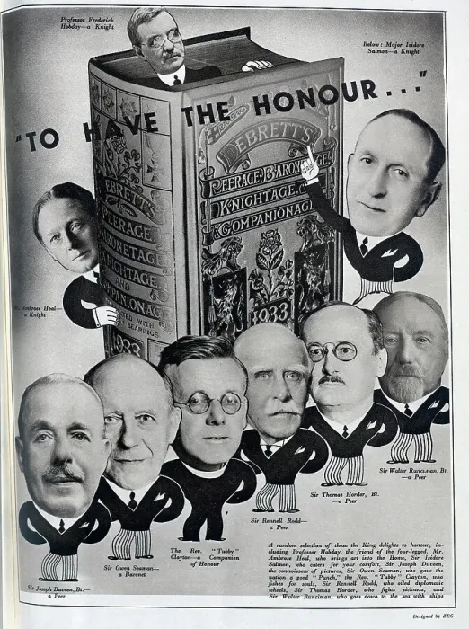 Framed Print : Advertisment for Debrett's Peerage. With a photograph of the book, and photomontage with illustrations, of titled men of note. Designed by Zec. With captions of the men illustrated, Major Isidore Salmon-a Knight Framed Print : Advertisment for Debrett's Peerage. With a photograph of the book, and photomontage with illustrations, of titled men of note. Designed by Zec. With captions of the men illustrated, Major Isidore Salmon-a Knight