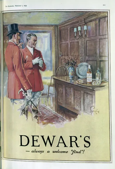Framed Print : Advertisement for Dewar's White Label whisky. Captioned, Dewar's - always a welcome find!'. Showing two huntsmen in hunting gear, admiring table with bottle of Dewar's whisky Framed Print : Advertisement for Dewar's White Label whisky. Captioned, Dewar's - always a welcome find!'. Showing two huntsmen in hunting gear, admiring table with bottle of Dewar's whisky