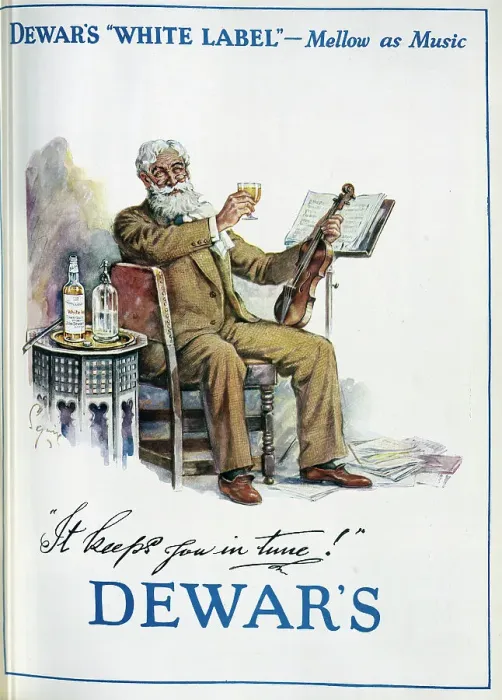 Framed Print : Advertisement for Dewar's White Label whisky. Captioned, Dewar's White Label - Mellow as Music, and Keeps you in Tune Framed Print : Advertisement for Dewar's White Label whisky. Captioned, Dewar's White Label - Mellow as Music, and Keeps you in Tune