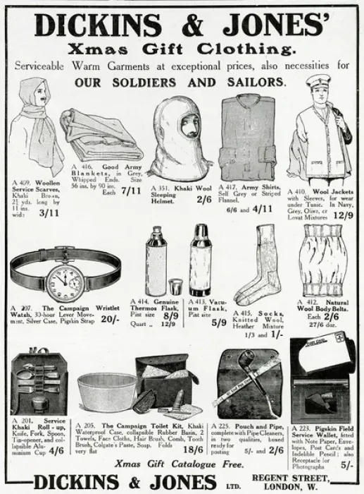 Framed Print : Advert for Dickins & Jones soldiers & sailors comforts 1914 Framed Print : Advert for Dickins & Jones soldiers & sailors comforts 1914