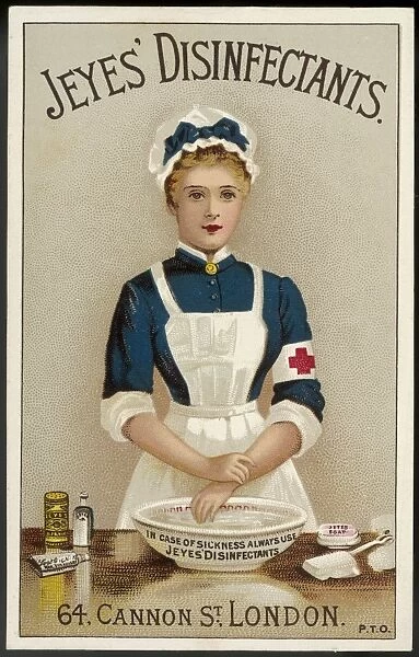 Ad for Disinfectant. A nurse washes her hands with Jeyes Disinfectant Date: circa 1900