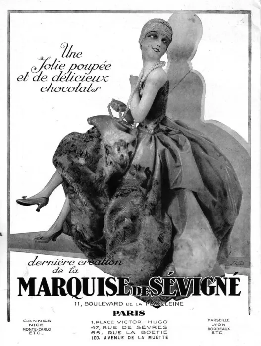 Framed Print : Advert for dolls and chocolates from Marquise de Sevigne Date: 1920s Framed Print : Advert for dolls and chocolates from Marquise de Sevigne Date: 1920s