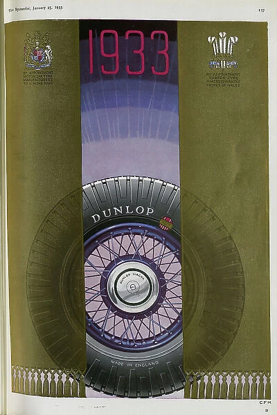 Advertisement for Dunlop Magna tyres. Colour illustration, with curtains unveiling Dunlop Magna tyre. With crests of HM the King, Motor Car Manufacturers, and HRH the Prince of Wales, Rubber Tyre Makers. Captioned, 1933, Made in England