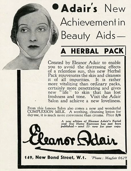 Advert for Eleanor Adair, herbal pack 1934