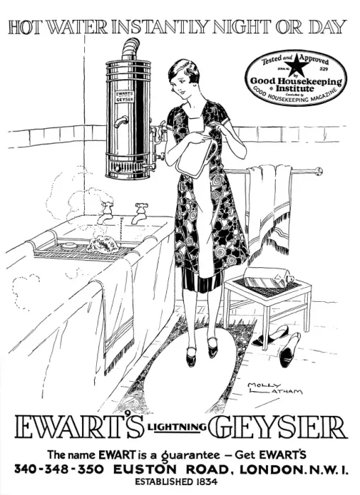 Advert for Ewarts Geyser hot water 1927 available as Framed Prints, Photos,  Wall Art and Photo Gifts