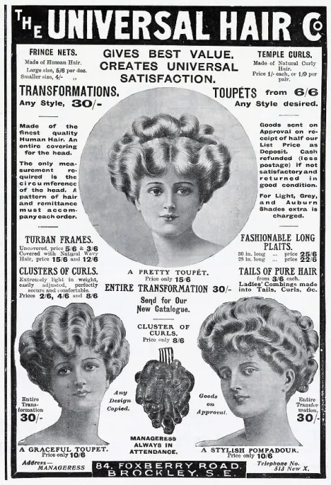 Framed Print : Advertisement for extensions made from finest quality human hair. Date: 1910 Framed Print : Advertisement for extensions made from finest quality human hair. Date: 1910