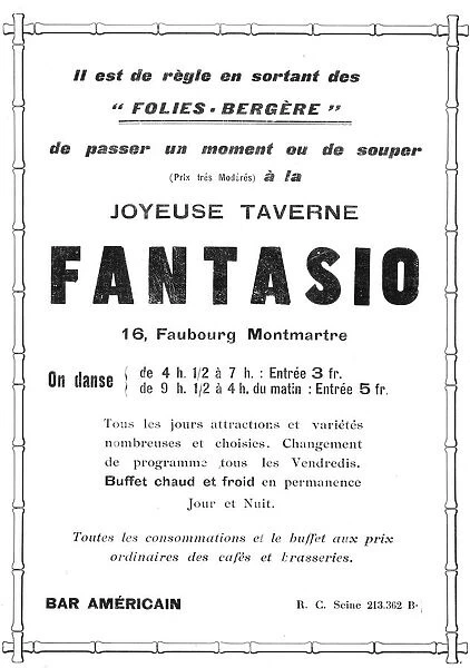 Advert for Fantasio, Bar Americain, 16 Faubourg, Montmartre Date: 1920s