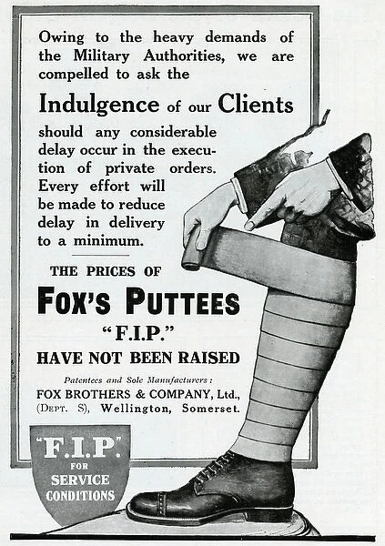 Advert for Foxs Puttees military authorities 1914