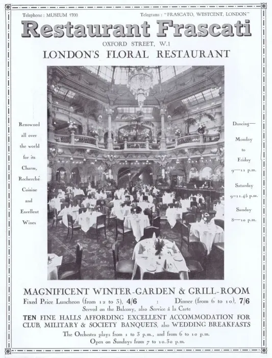 Framed Print : Advert for Frascati restaurant, Oxford Street, London, 1925 Framed Print : Advert for Frascati restaurant, Oxford Street, London, 1925