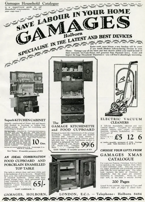 Framed Print : Advert for Gamages kitchen cabinets 1929 Framed Print : Advert for Gamages kitchen cabinets 1929